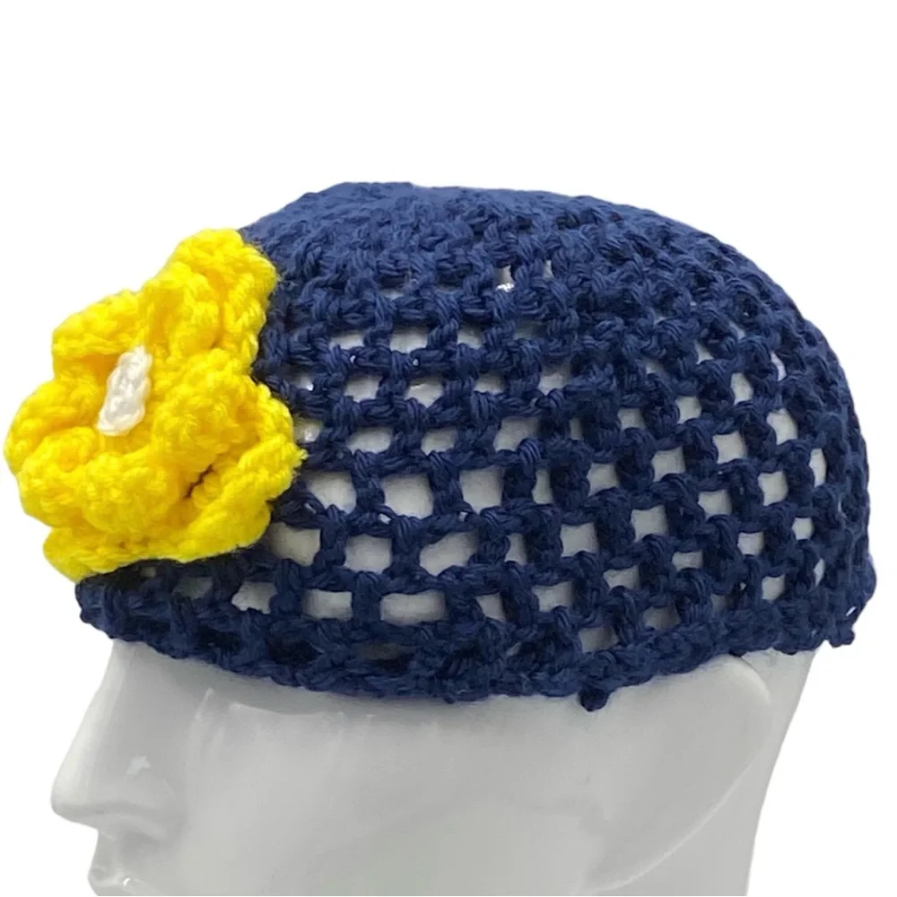 Girl's Hand-Crocheted Navy and Yellow Flower Beanie